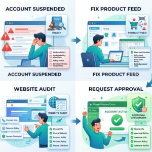 Step-by-step process to fix Google Merchant Center suspended account with checklist and optimization icons