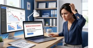 Google Merchant Center suspended warning shown on laptop with eCommerce business analytics dashboard