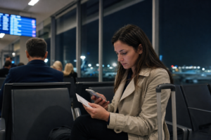Passengers waiting at a quiet European airport gate at night