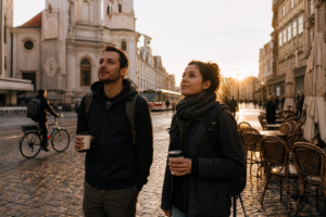 Two travellers with coffee in a European old-town square on Saturday morning